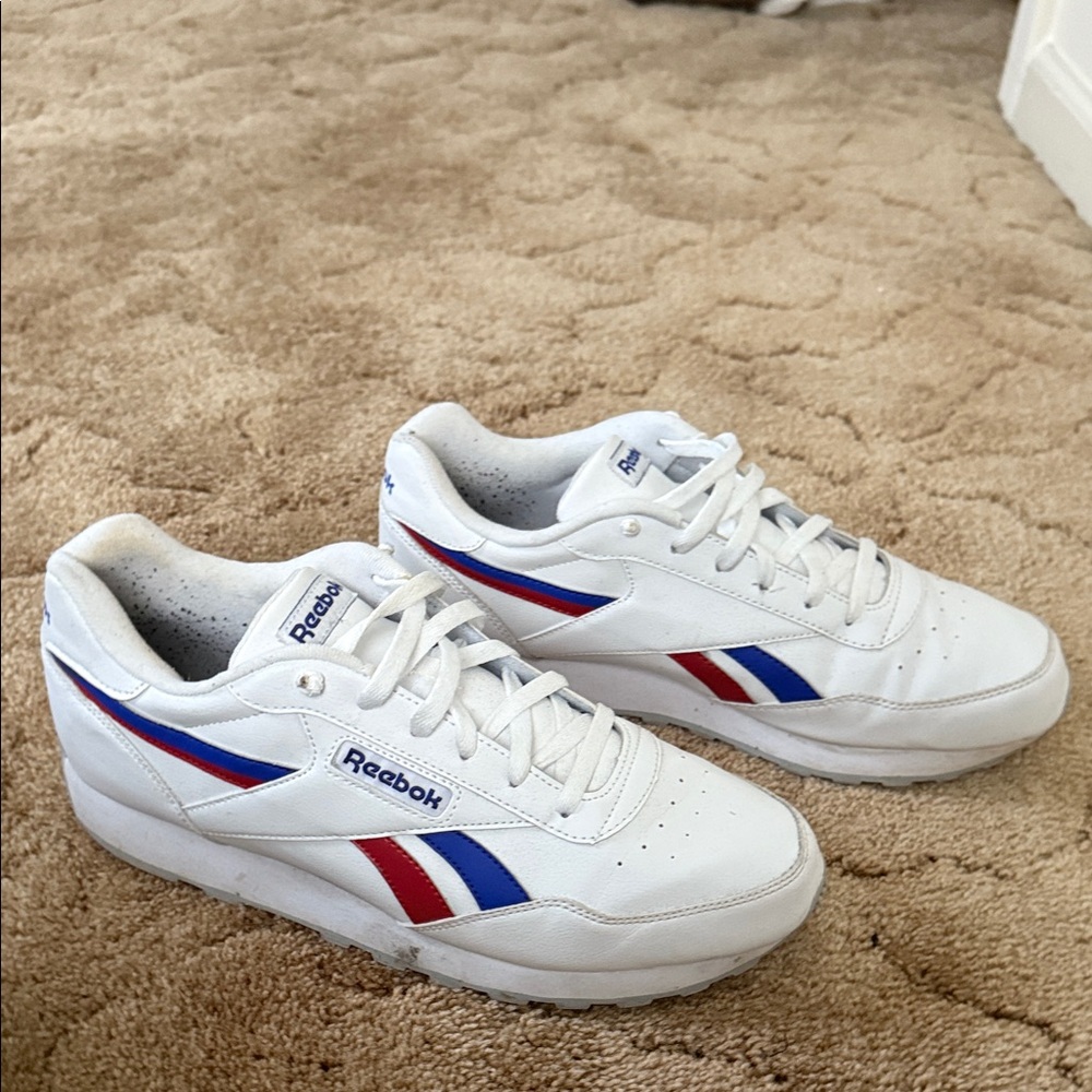 Reebok Classic White Shoes with Red and Blue Stripes